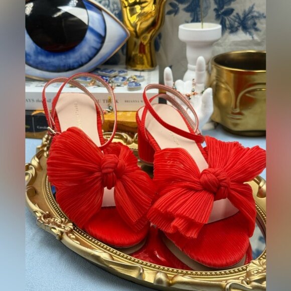 🆕 LOEFFLER RANDALL 🧿 NWOT Dahlia Candy Apple Red Pleated Organza Bow Heel Sz 7 - Picture 14 of 16
